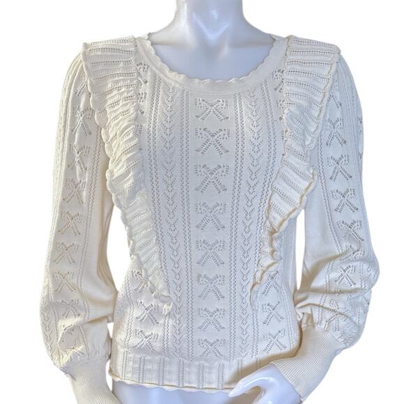 LoveShackFancy Women’s Ancora Ruffle Pointelle Knit Sweater Cream Size M - Picture 1 of 10